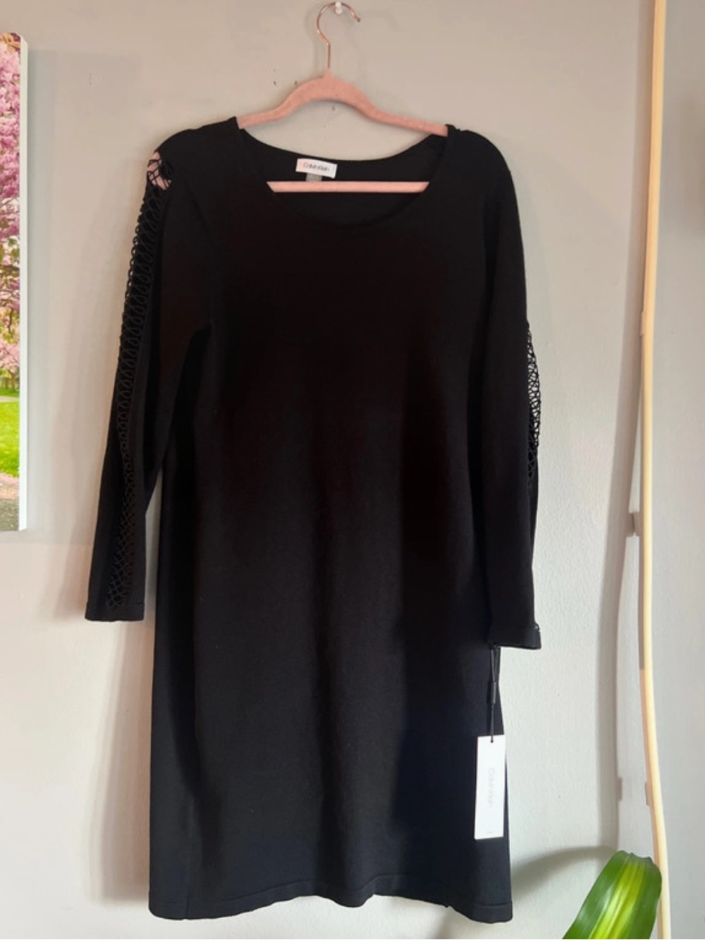 Calvin Klein Black Long Sleeve Dress with Lace-Panel Sleeves